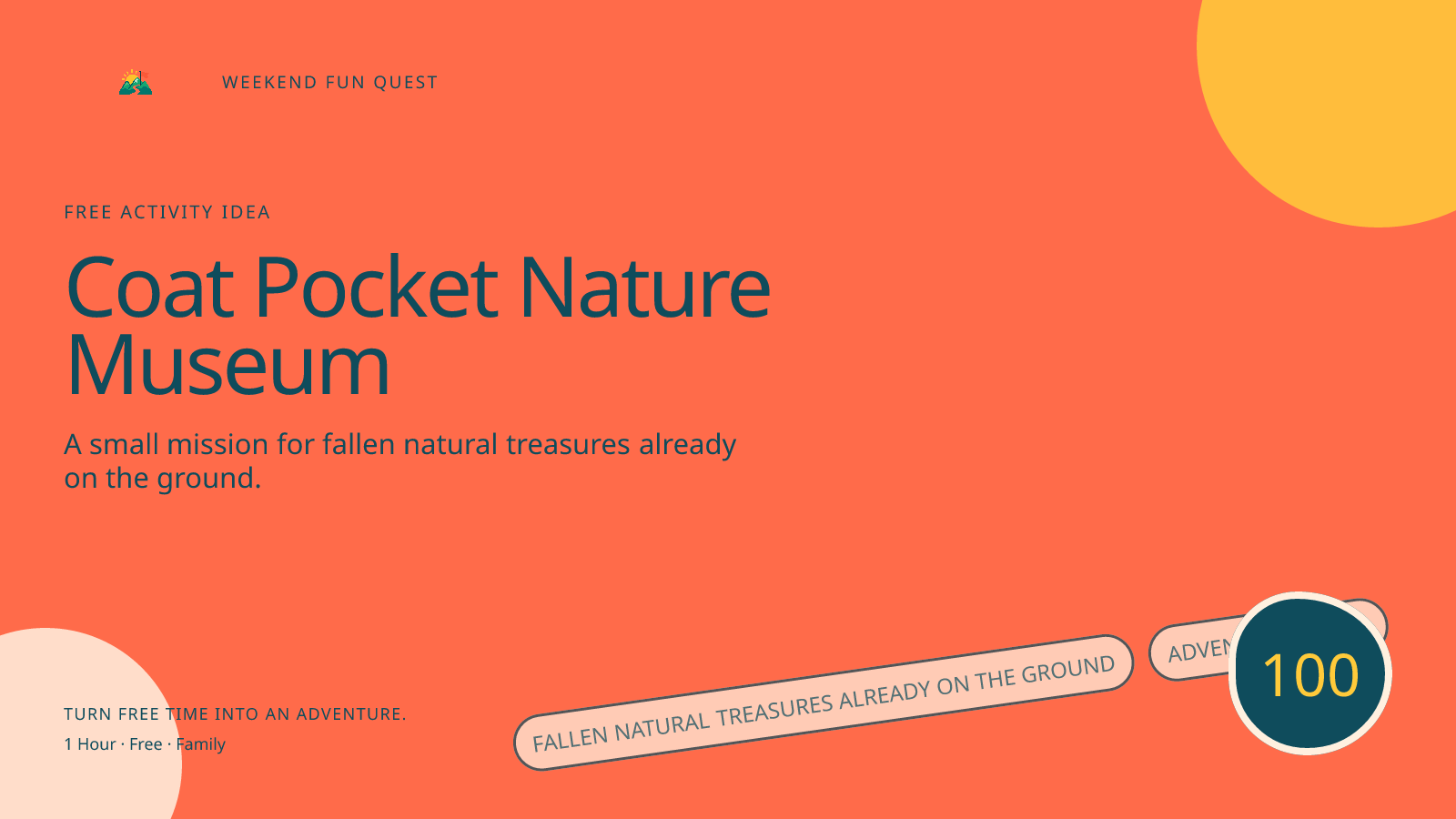 Wide Weekend Fun Quest illustration for coat pocket nature museum featuring fallen natural treasures already on the ground
