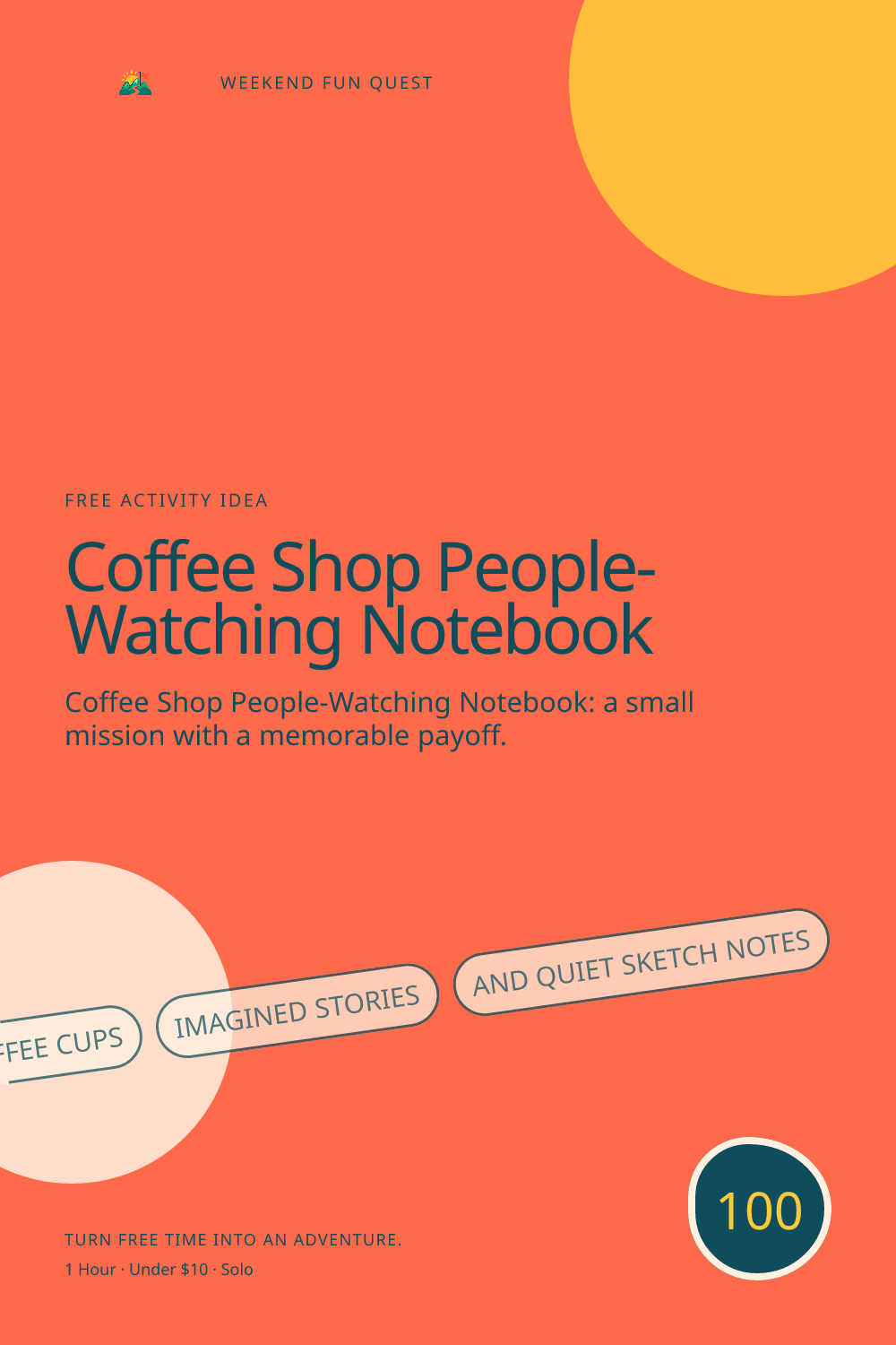 Vertical Pinterest activity illustration for coffee shop people-watching notebook featuring coffee cups, imagined stories, and quiet sketch notes