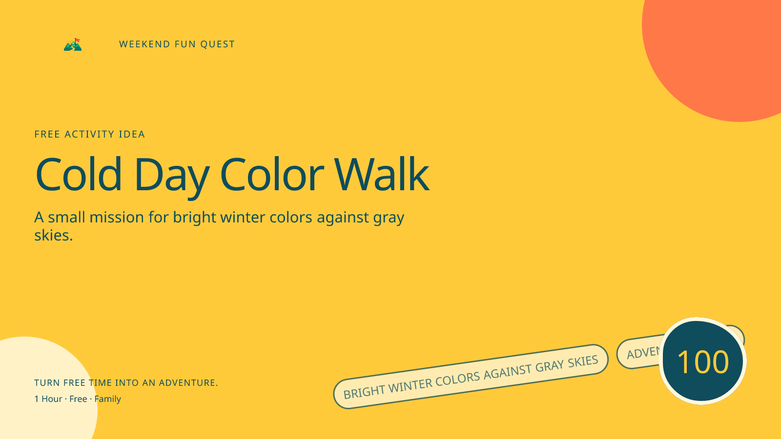 Wide Weekend Fun Quest illustration for cold day color walk featuring bright winter colors against gray skies