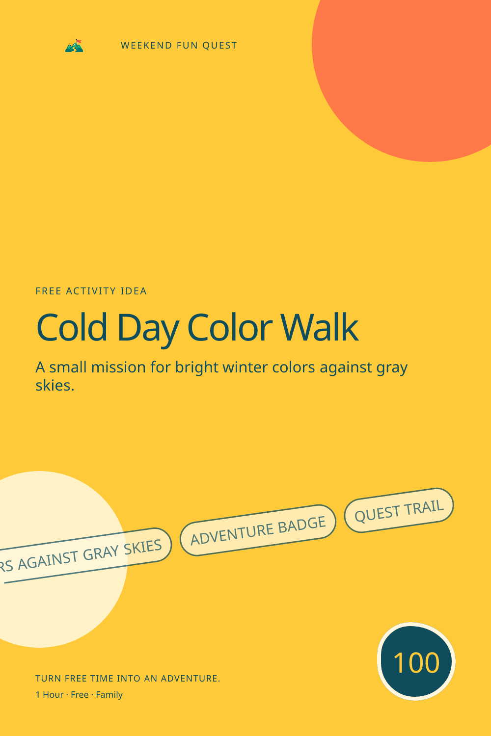 Vertical Pinterest graphic for cold day color walk featuring bright winter colors against gray skies and a quest trail