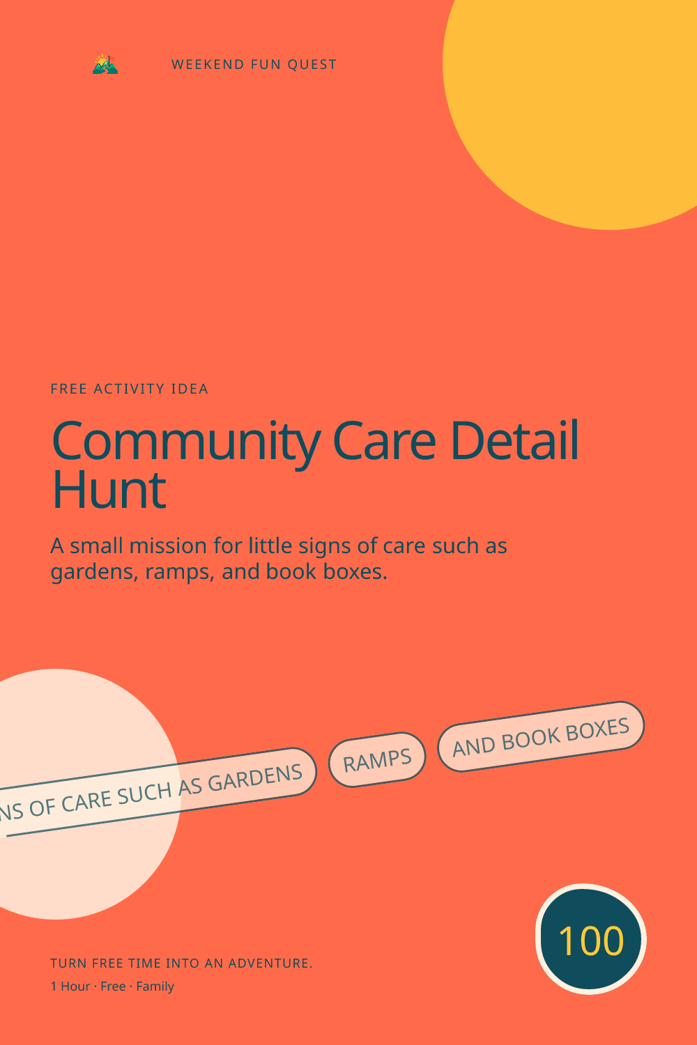 Vertical Pinterest graphic for community care detail hunt featuring little signs of care such as gardens, ramps, and book boxes and a quest trail