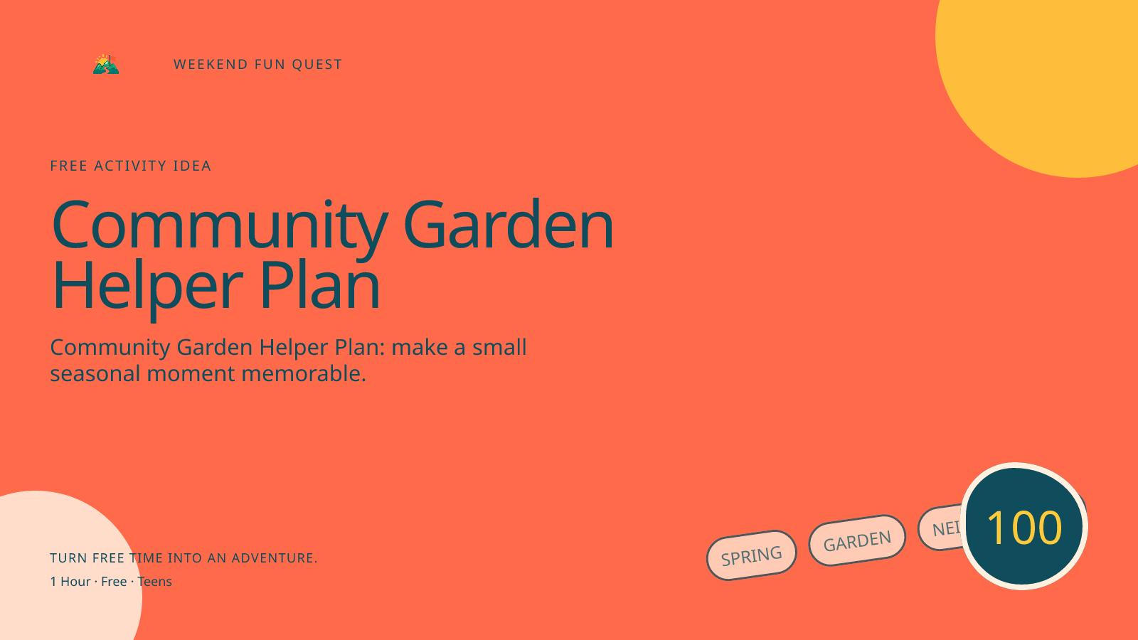 Wide Weekend Fun Quest illustration for community garden helper plan featuring research one permitted way to support a local garden before contacting organizers