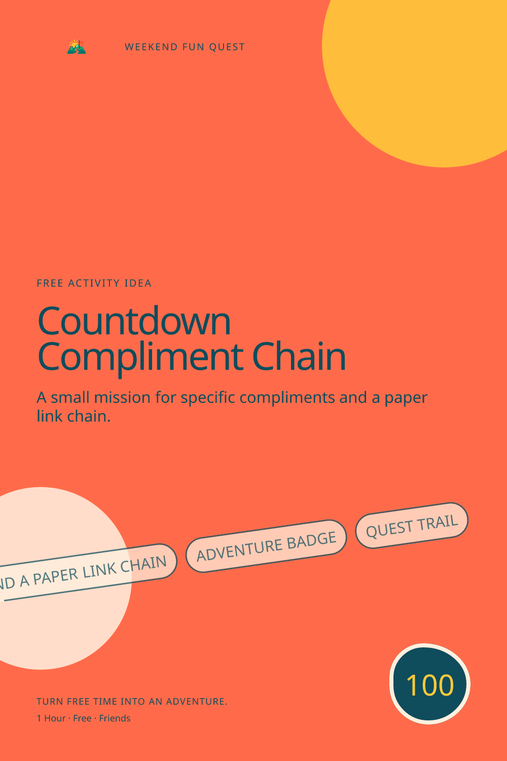 Vertical Pinterest graphic for countdown compliment chain featuring specific compliments and a paper link chain and a quest trail