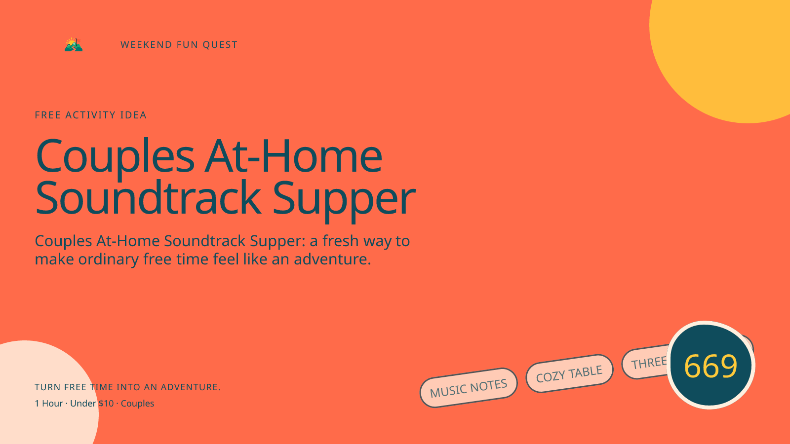 Wide Weekend Fun Quest illustration for couples at-home soundtrack supper featuring music notes, cozy table, three song cards