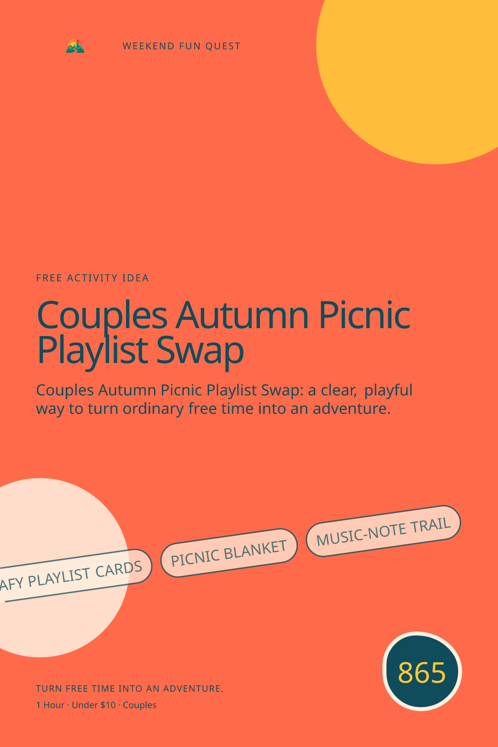 Vertical Pinterest Weekend Fun Quest illustration for couples autumn picnic playlist swap featuring leafy playlist cards, picnic blanket, music-note trail