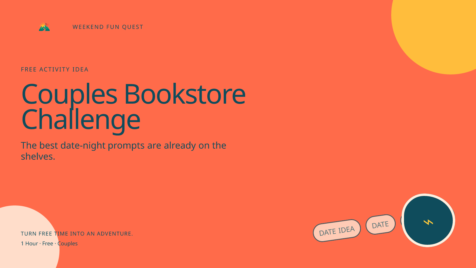 Couples Bookstore Challenge: wide Quest hero illustration showing date idea, date, bookstore for Weekend Fun Quest