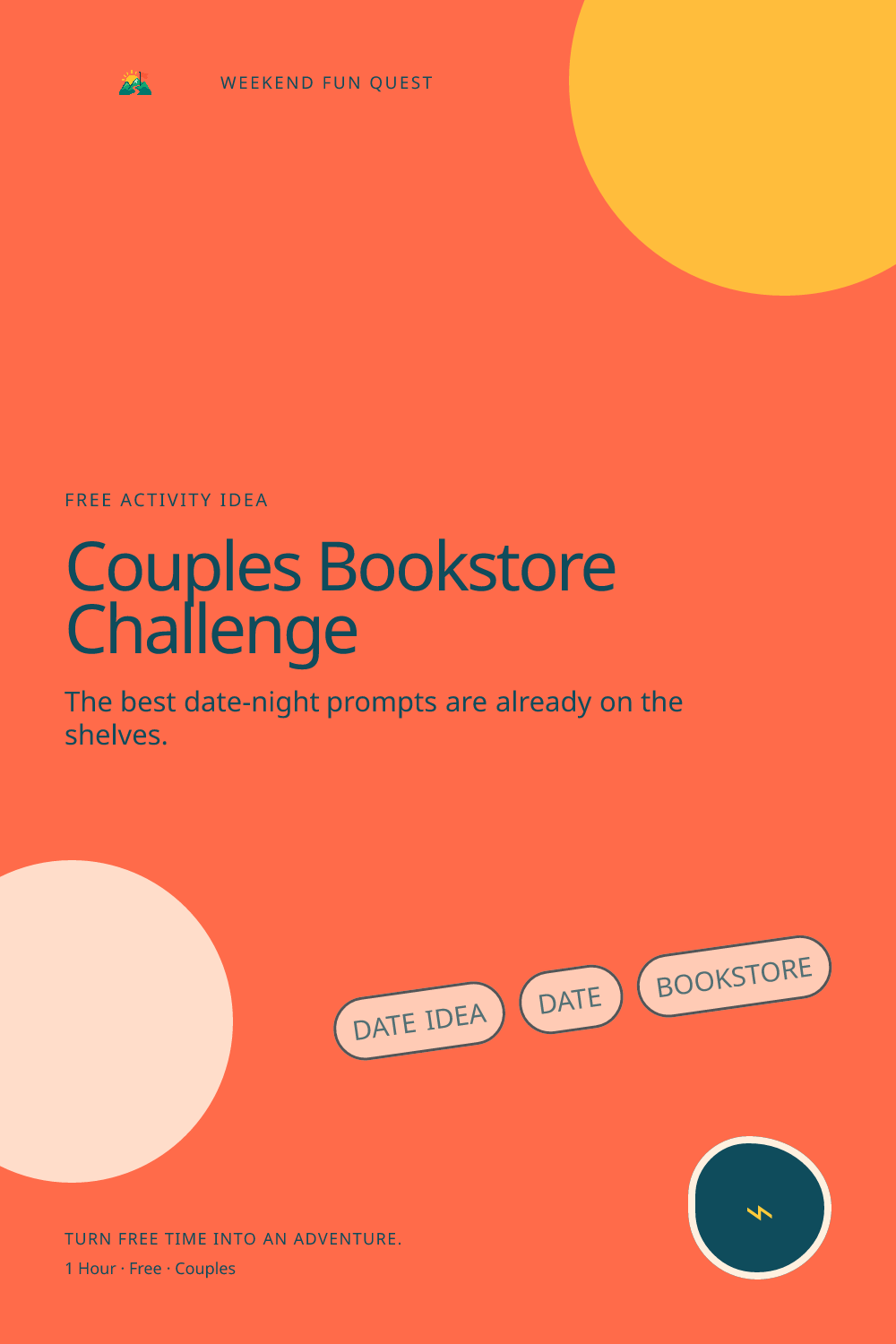 Couples Bookstore Challenge: vertical Pinterest graphic illustration showing date idea, date, bookstore, quest trail for Weekend Fun Quest