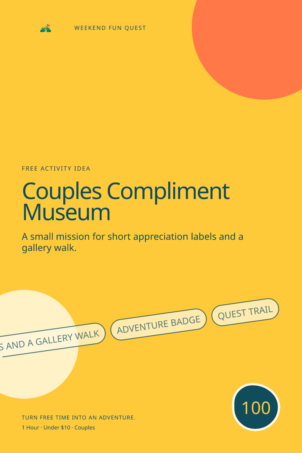 Vertical Pinterest graphic for couples compliment museum featuring short appreciation labels and a gallery walk and a quest trail