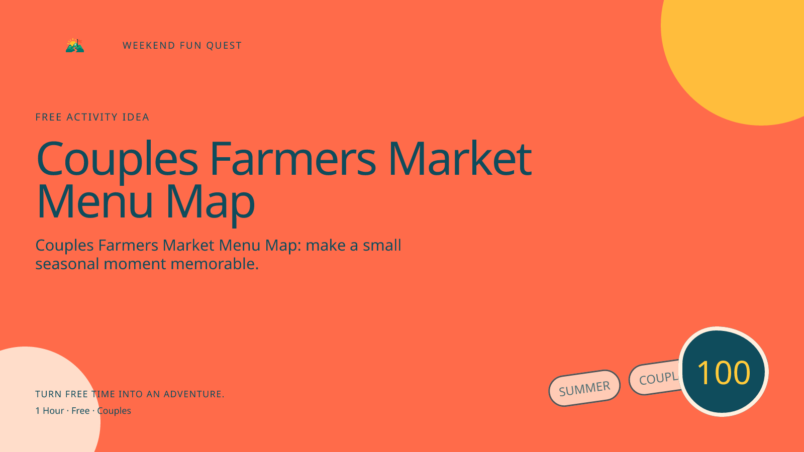 Wide Weekend Fun Quest illustration for couples farmers market menu map featuring make a no-pressure menu map from local market ingredients before choosing whether to buy anything