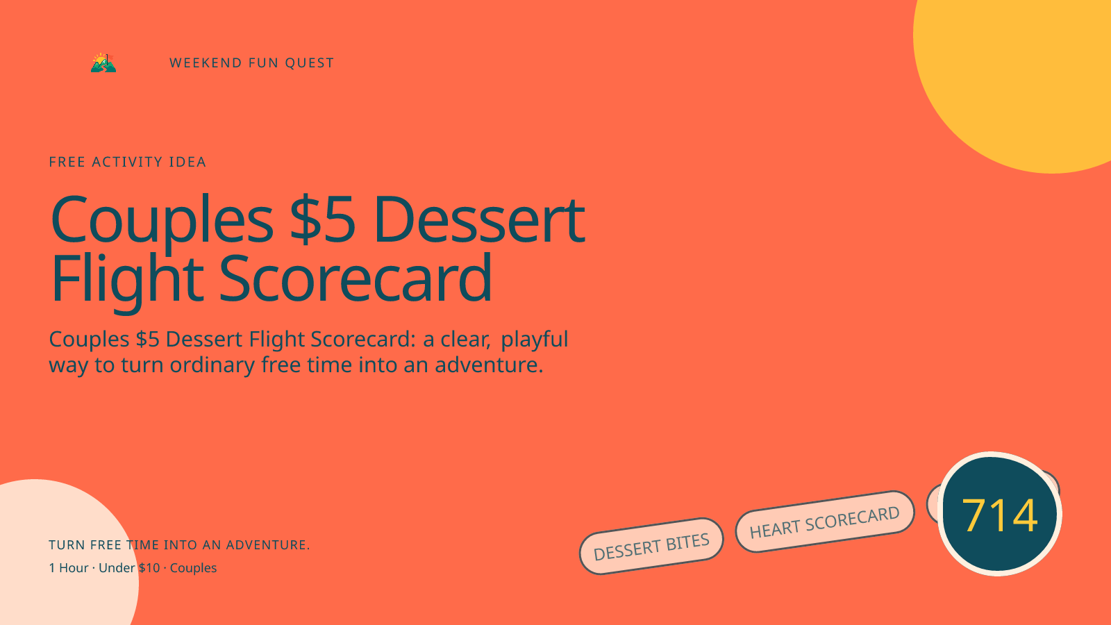 Wide hero Weekend Fun Quest illustration for couples $5 dessert flight scorecard featuring dessert bites, heart scorecard, tiny receipt