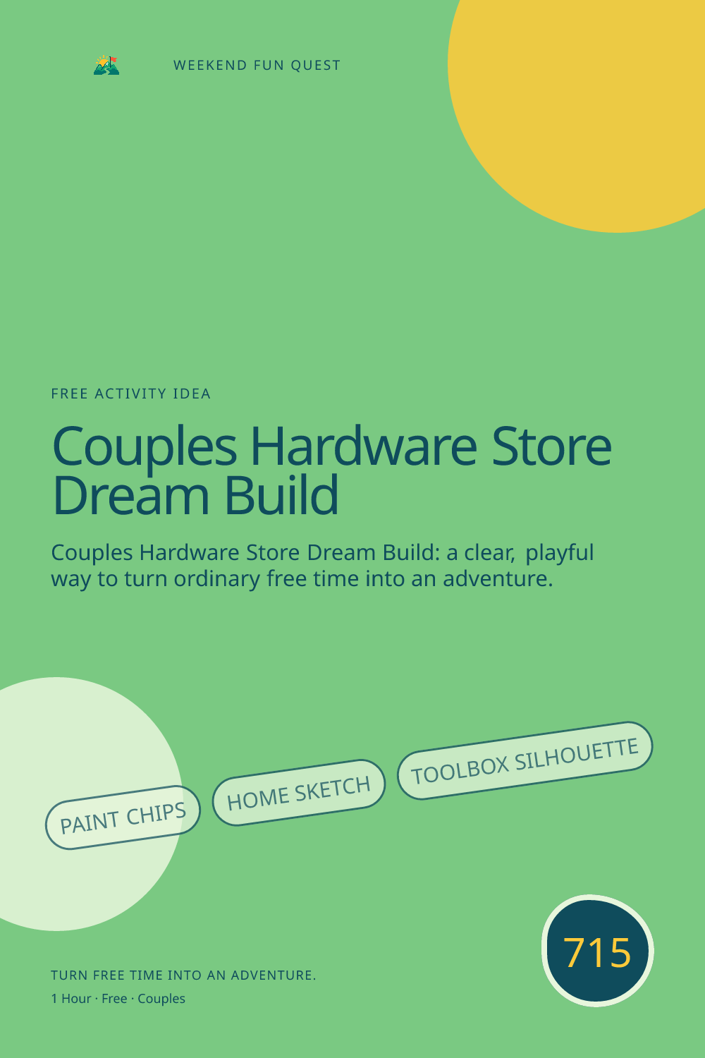 Vertical Pinterest Weekend Fun Quest illustration for couples hardware store dream build featuring paint chips, home sketch, toolbox silhouette