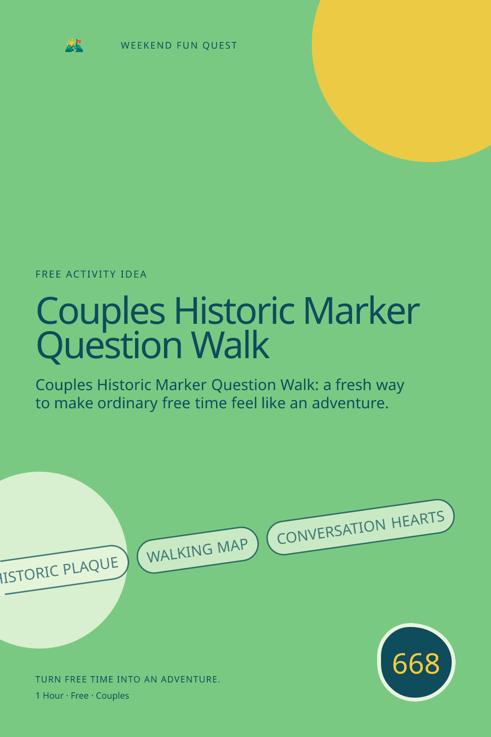 Vertical Pinterest Weekend Fun Quest illustration for couples historic marker question walk featuring historic plaque, walking map, conversation hearts