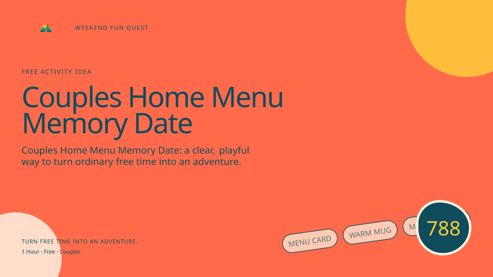 Wide hero Weekend Fun Quest illustration for couples home menu memory date featuring menu card, warm mug, memory stars