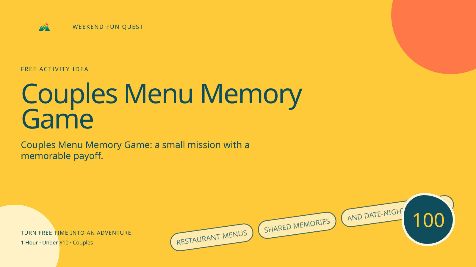 Wide Weekend Fun Quest illustration for couples menu memory game featuring restaurant menus, shared memories, and date-night questions