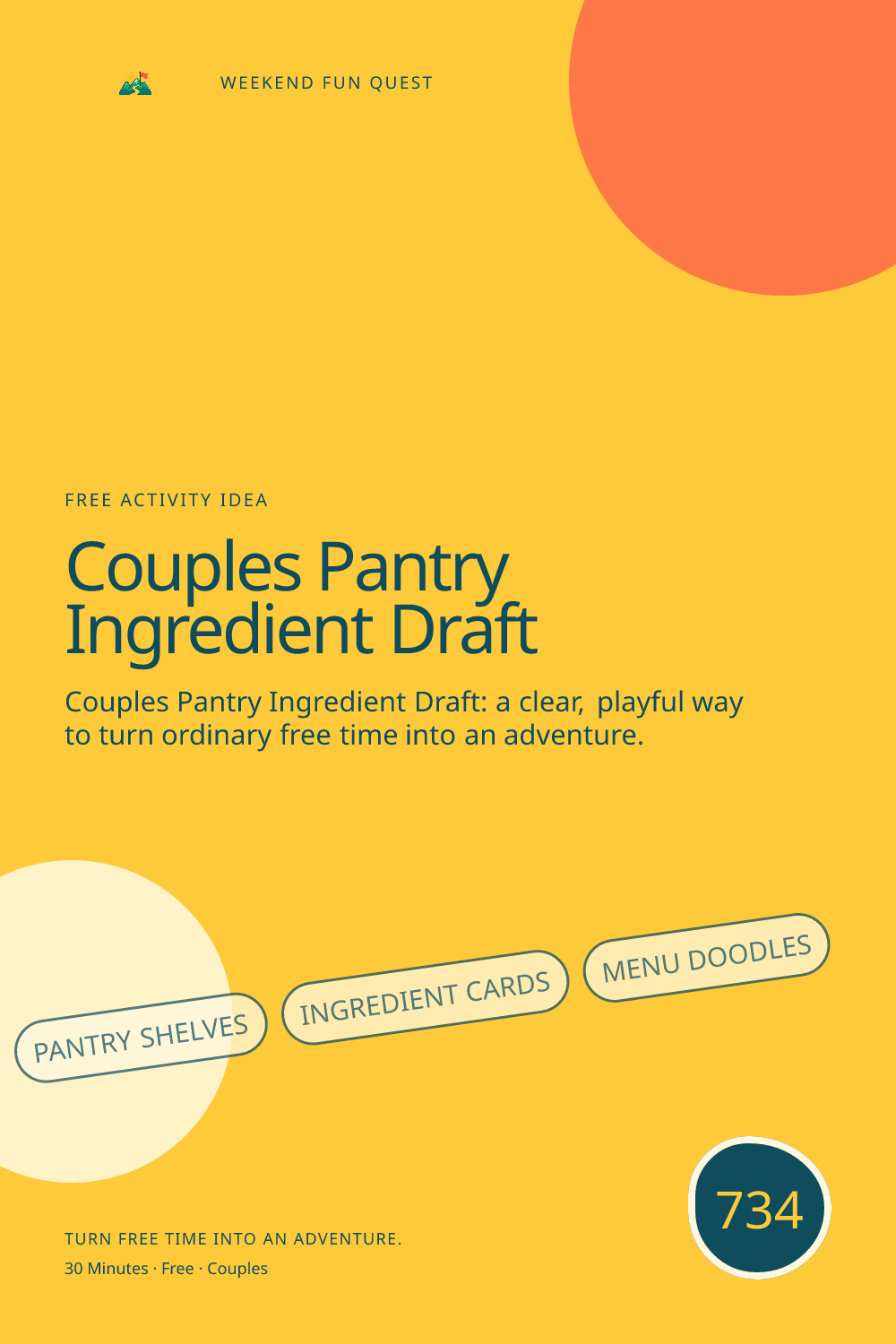 Vertical Pinterest Weekend Fun Quest illustration for couples pantry ingredient draft featuring pantry shelves, ingredient cards, menu doodles