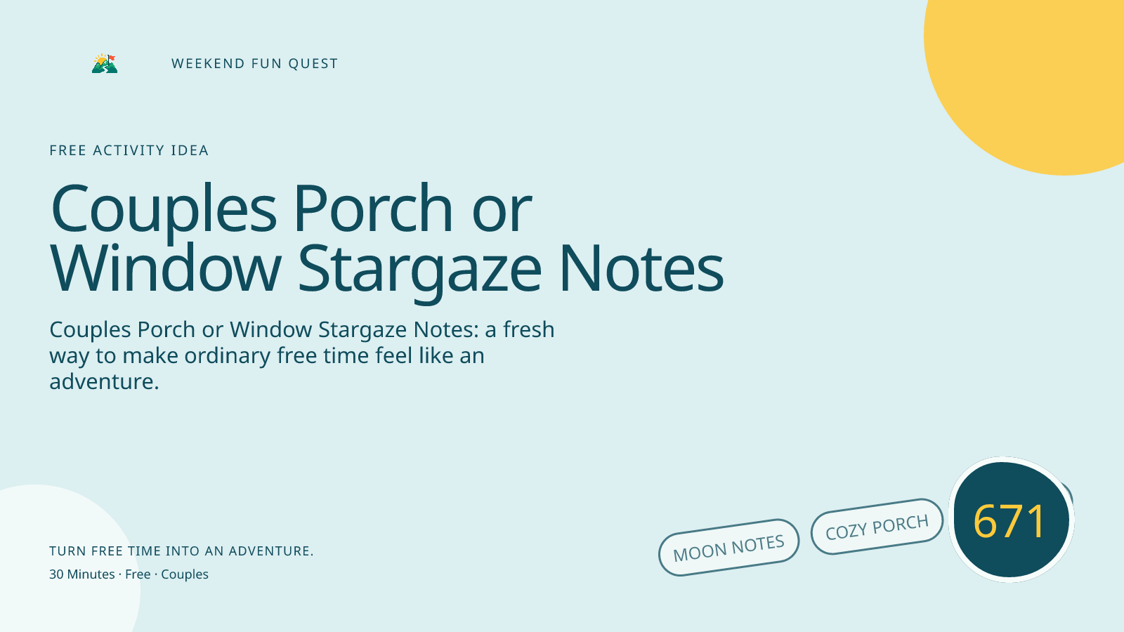 Wide Weekend Fun Quest illustration for couples porch or window stargaze notes featuring moon notes, cozy porch, star trail