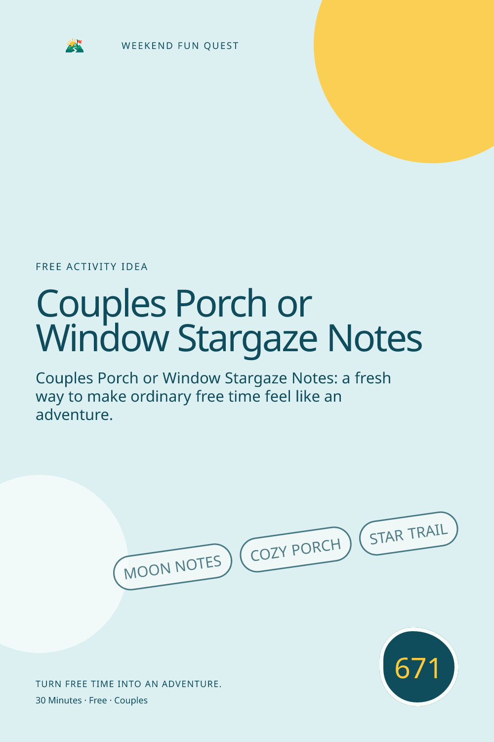 Vertical Pinterest Weekend Fun Quest illustration for couples porch or window stargaze notes featuring moon notes, cozy porch, star trail