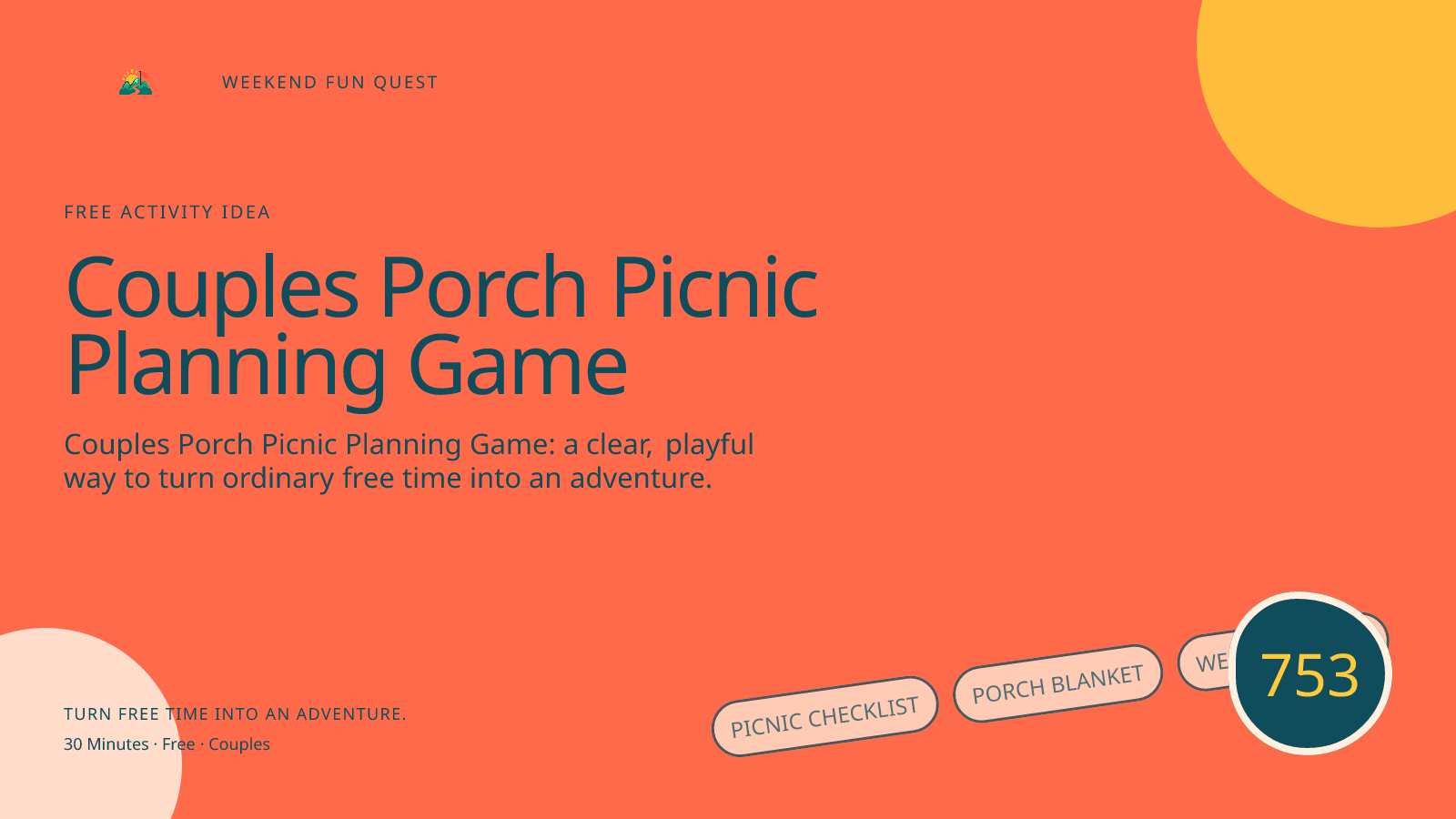 Wide hero Weekend Fun Quest illustration for couples porch picnic planning game featuring picnic checklist, porch blanket, weather cards
