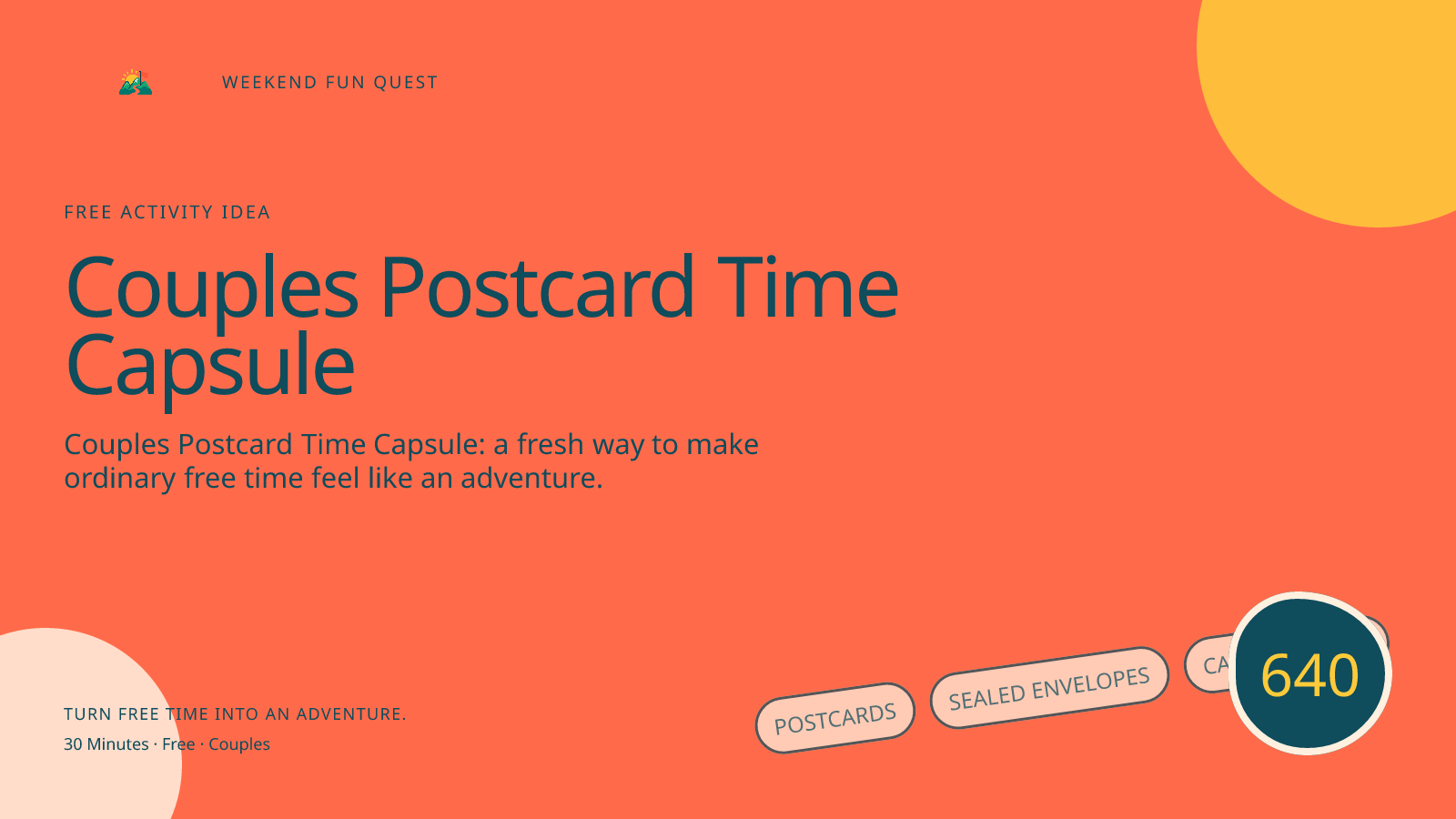 Wide Weekend Fun Quest illustration for couples postcard time capsule featuring postcards, sealed envelopes, calendar star