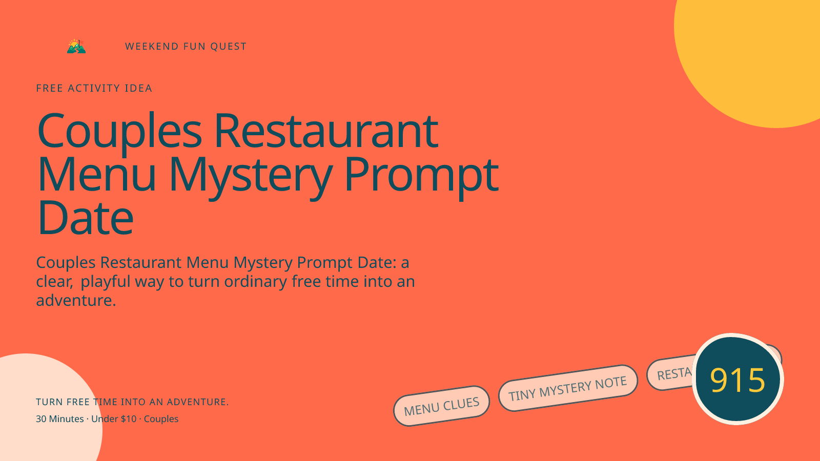 Wide hero for couples restaurant menu mystery prompt date featuring menu clues, tiny mystery note, restaurant table