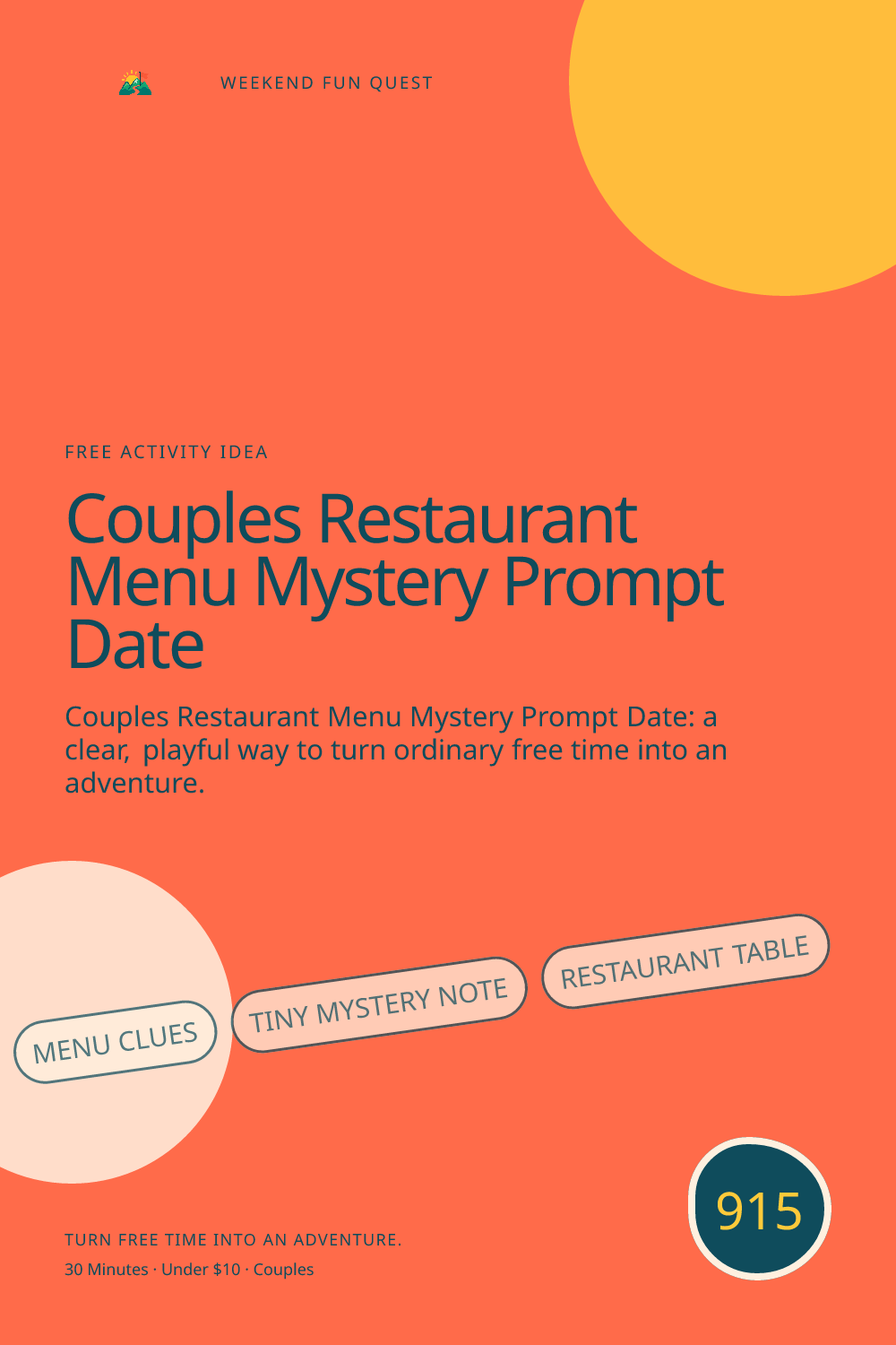 Vertical Pinterest for couples restaurant menu mystery prompt date featuring menu clues, tiny mystery note, restaurant table