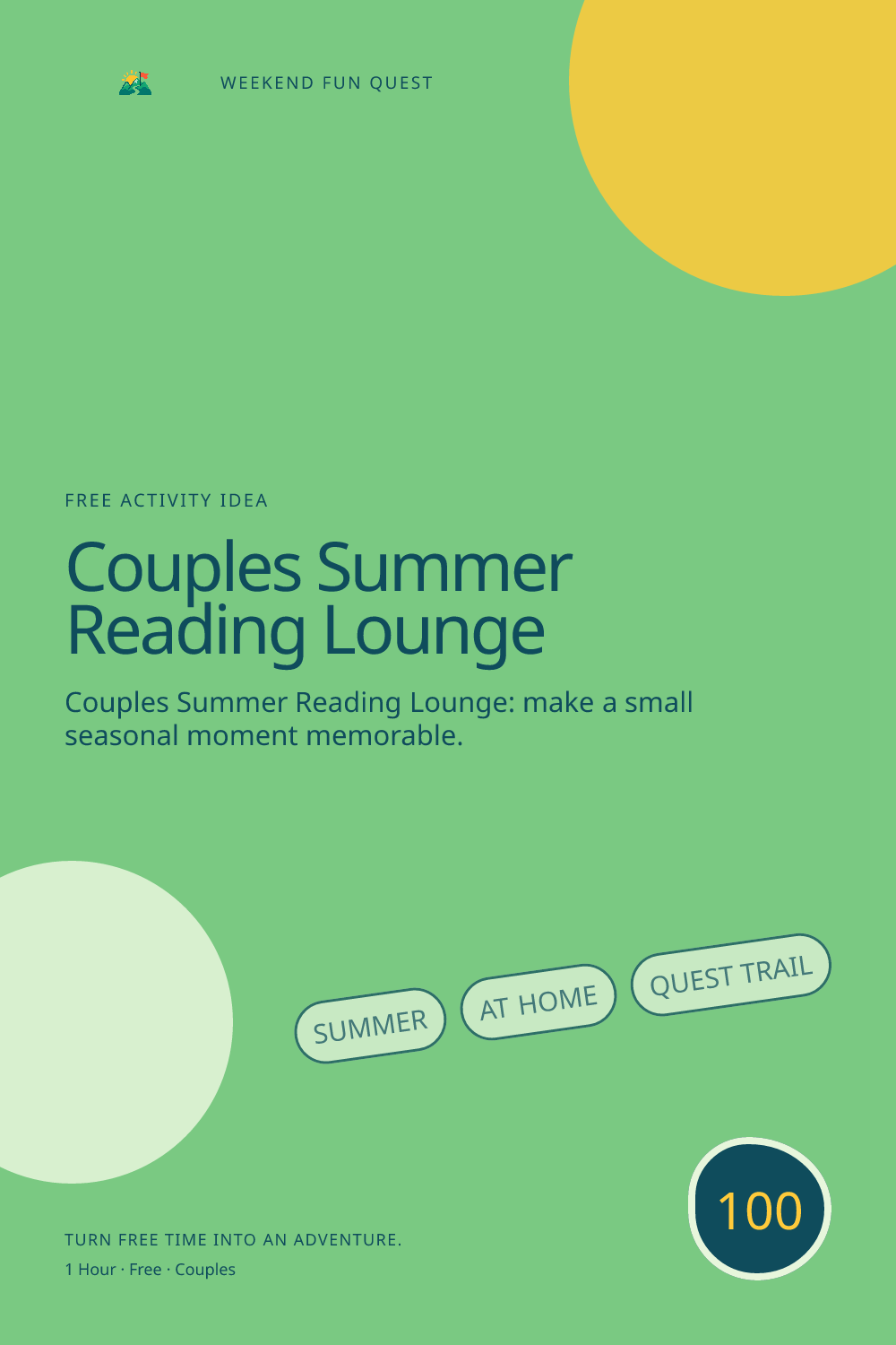 Vertical Pinterest illustration for couples summer reading lounge featuring build a two-person reading nook and exchange one sentence worth discussing