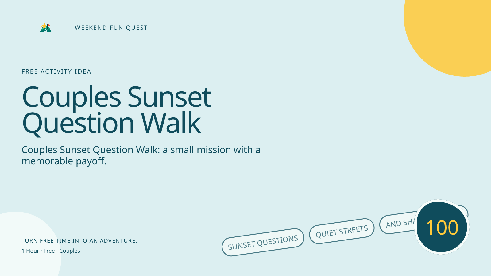 Wide Weekend Fun Quest illustration for couples sunset question walk featuring sunset questions, quiet streets, and shared stories