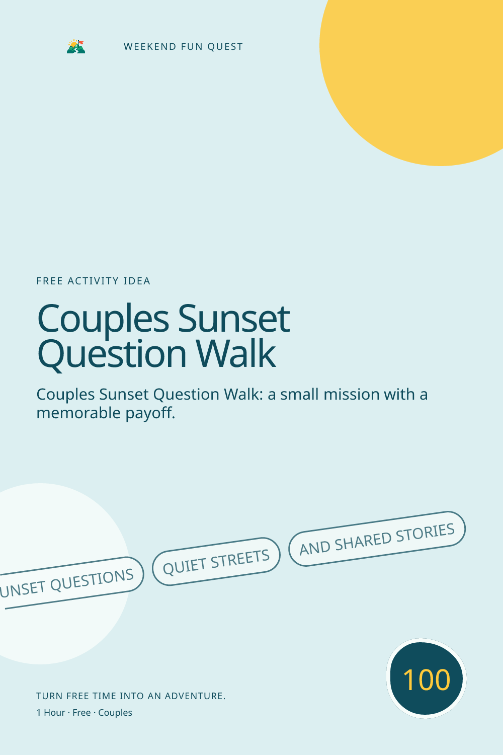Vertical Pinterest activity illustration for couples sunset question walk featuring sunset questions, quiet streets, and shared stories