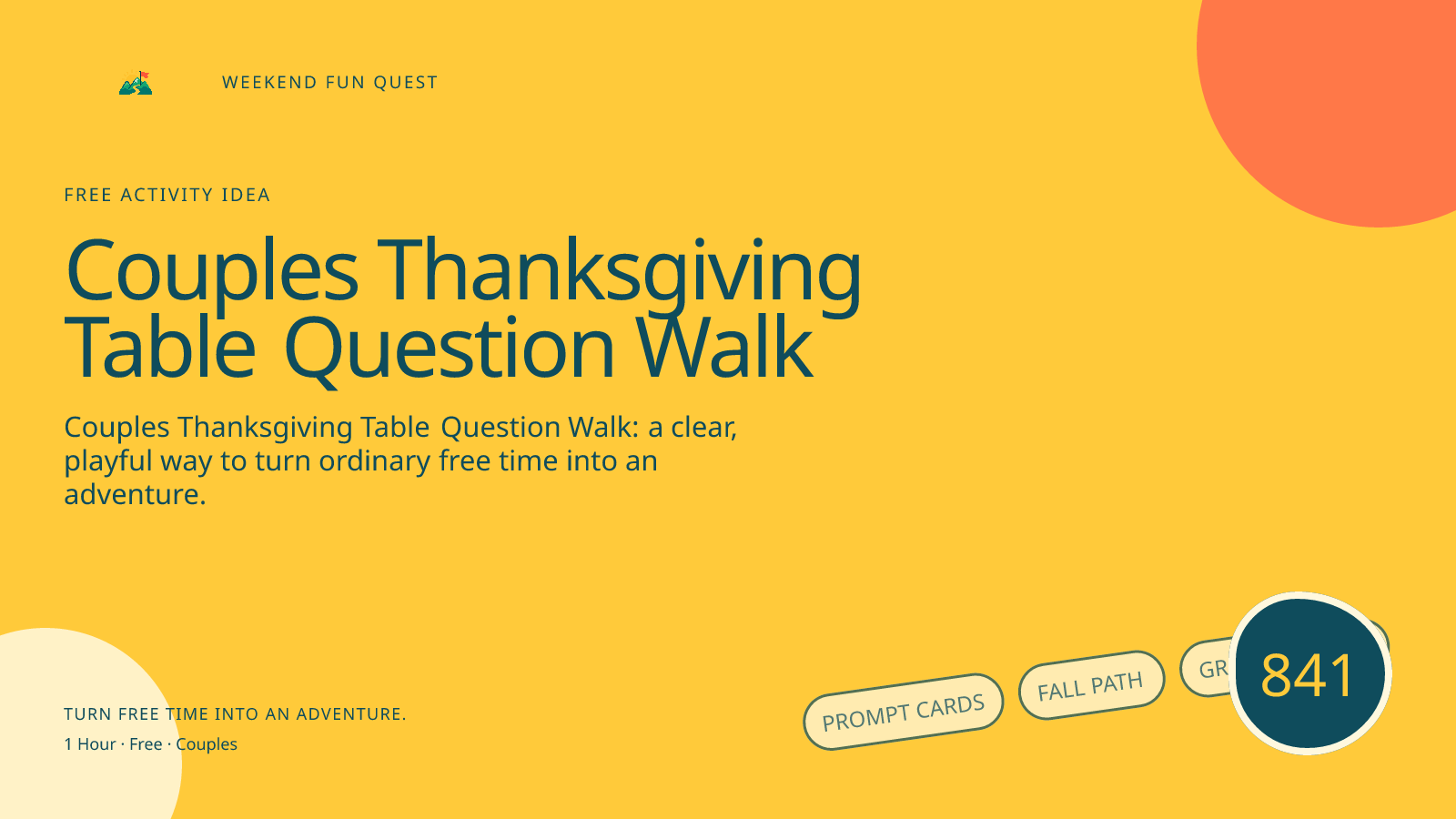 Wide hero Weekend Fun Quest illustration for couples thanksgiving table question walk featuring prompt cards, fall path, gratitude leaf