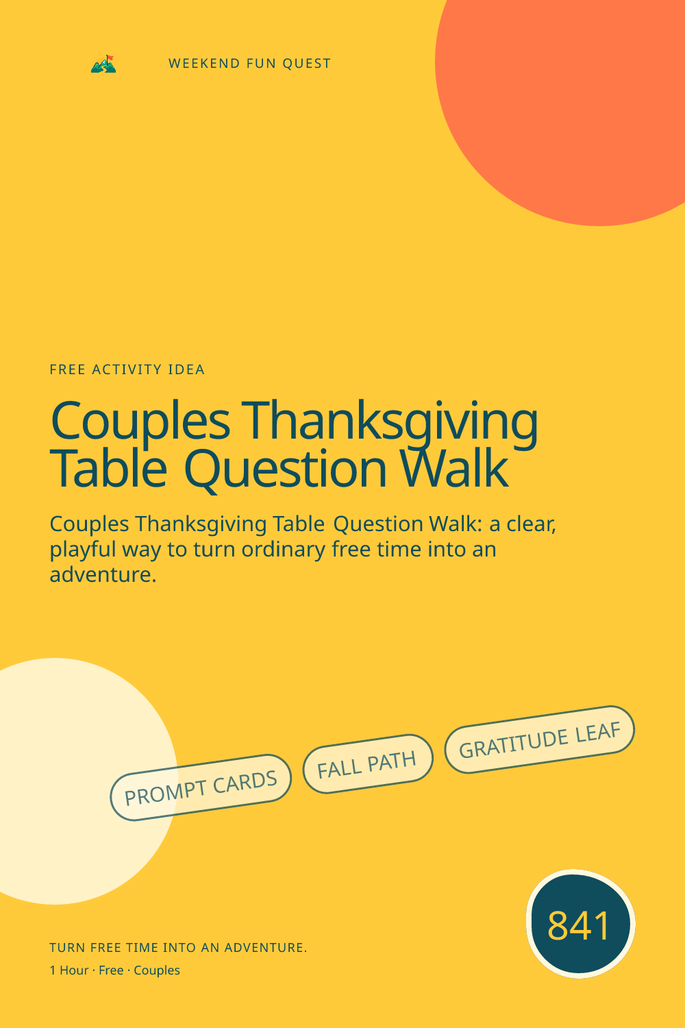 Vertical Pinterest Weekend Fun Quest illustration for couples thanksgiving table question walk featuring prompt cards, fall path, gratitude leaf