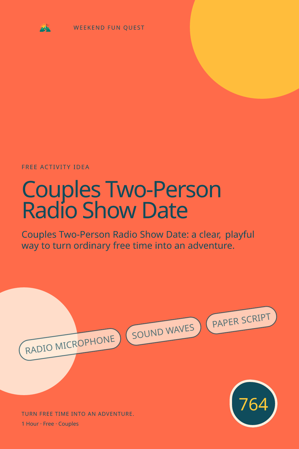 Vertical Pinterest Weekend Fun Quest illustration for couples two-person radio show date featuring radio microphone, sound waves, paper script