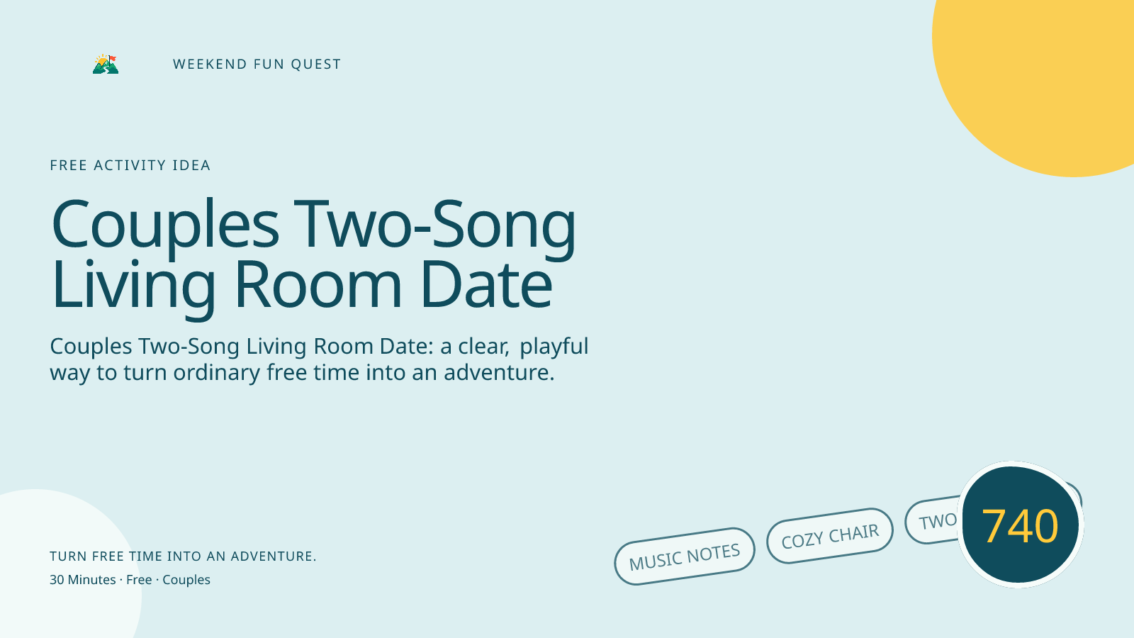 Wide hero Weekend Fun Quest illustration for couples two-song living room date featuring music notes, cozy chair, two song cards
