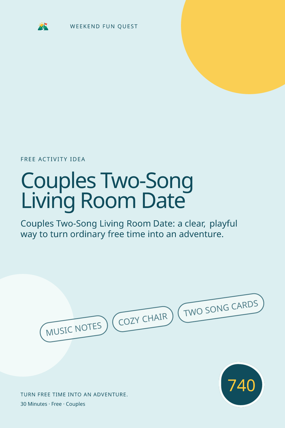Vertical Pinterest Weekend Fun Quest illustration for couples two-song living room date featuring music notes, cozy chair, two song cards