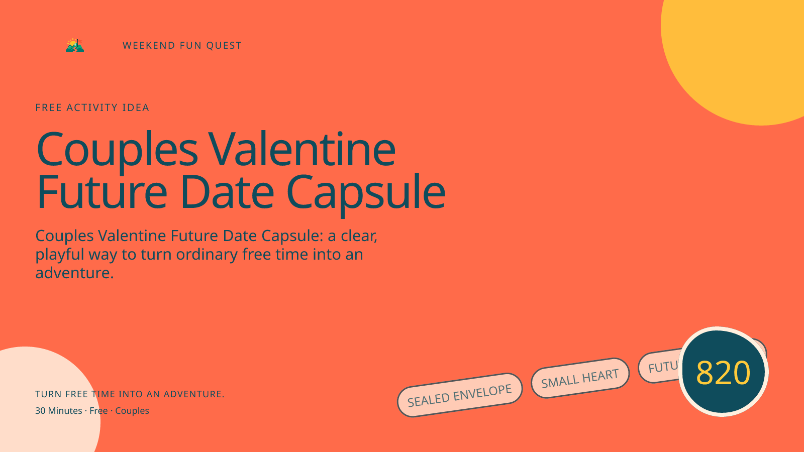 Wide hero Weekend Fun Quest illustration for couples valentine future date capsule featuring sealed envelope, small heart, future calendar