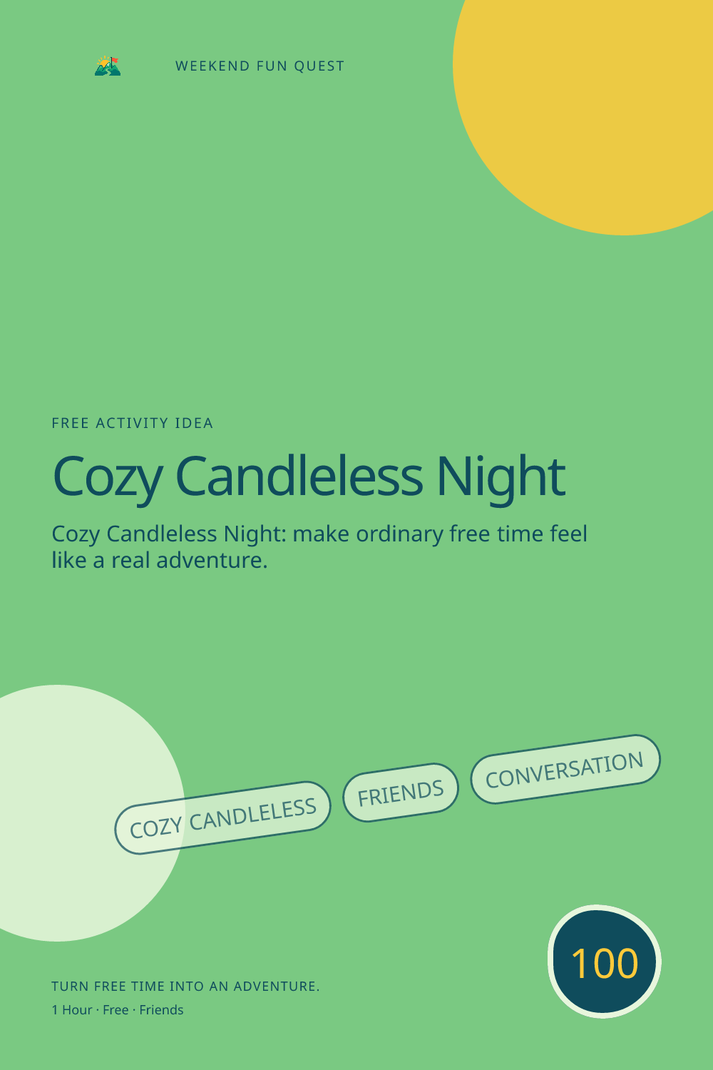 Vertical Pinterest activity illustration for cozy candleless night featuring friends, conversation, and a welcoming autumn hangout