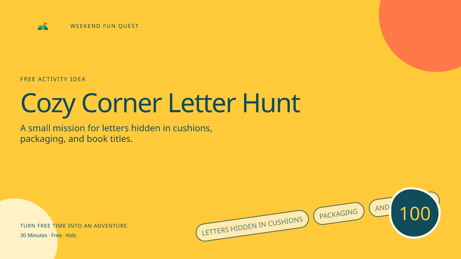 Wide Weekend Fun Quest illustration for cozy corner letter hunt featuring letters hidden in cushions, packaging, and book titles