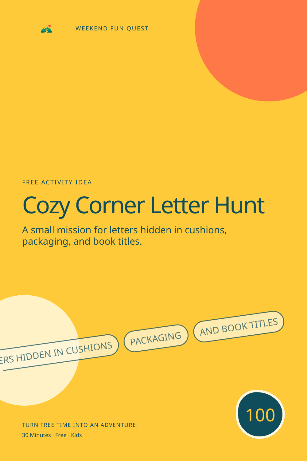 Vertical Pinterest graphic for cozy corner letter hunt featuring letters hidden in cushions, packaging, and book titles and a quest trail