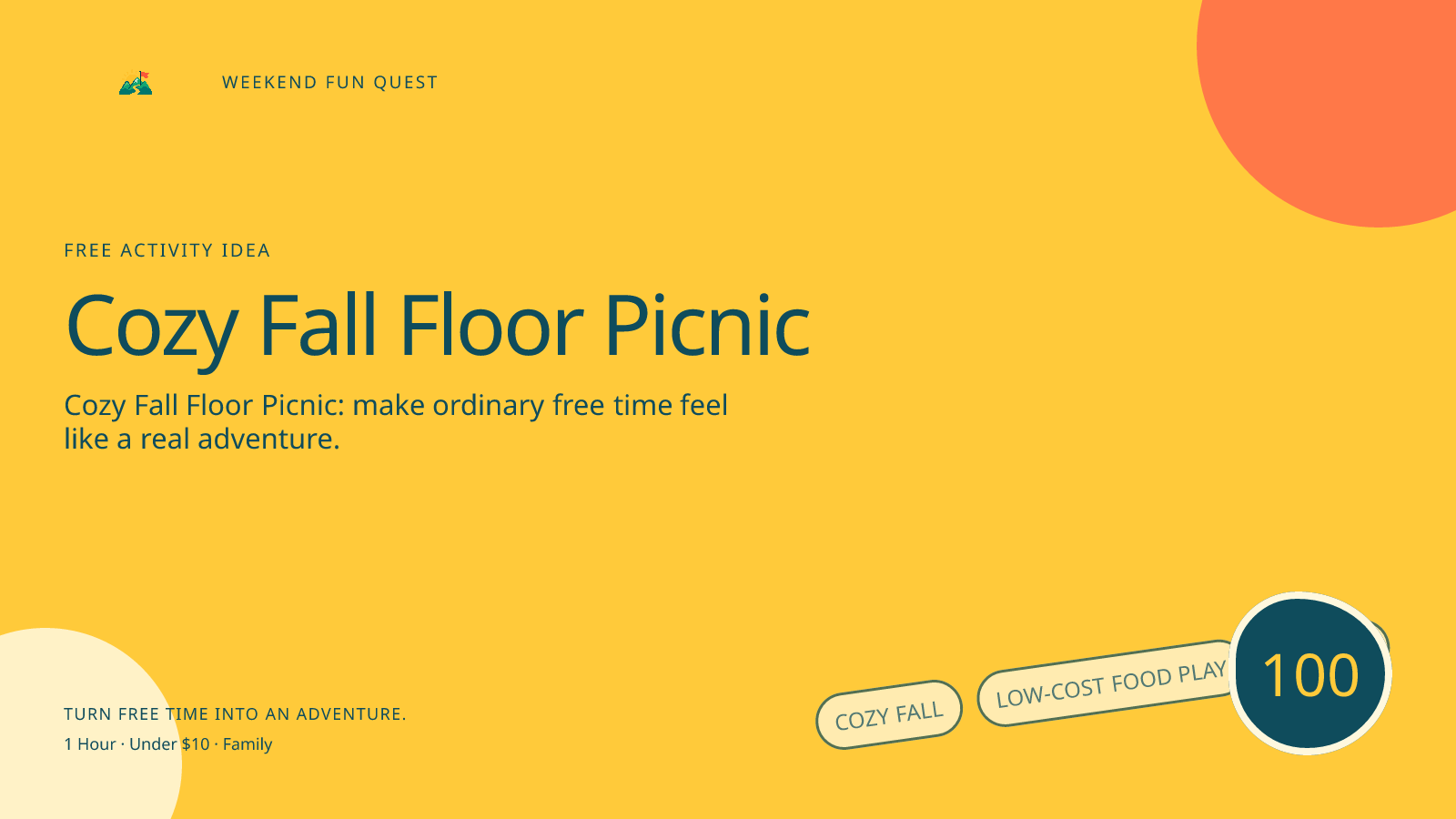 Wide Weekend Fun Quest illustration for cozy fall floor picnic featuring low-cost food play, tasting, and thoughtful kitchen roles