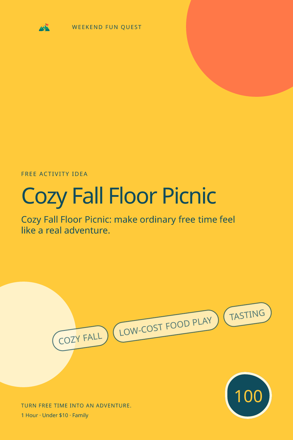Vertical Pinterest activity illustration for cozy fall floor picnic featuring low-cost food play, tasting, and thoughtful kitchen roles