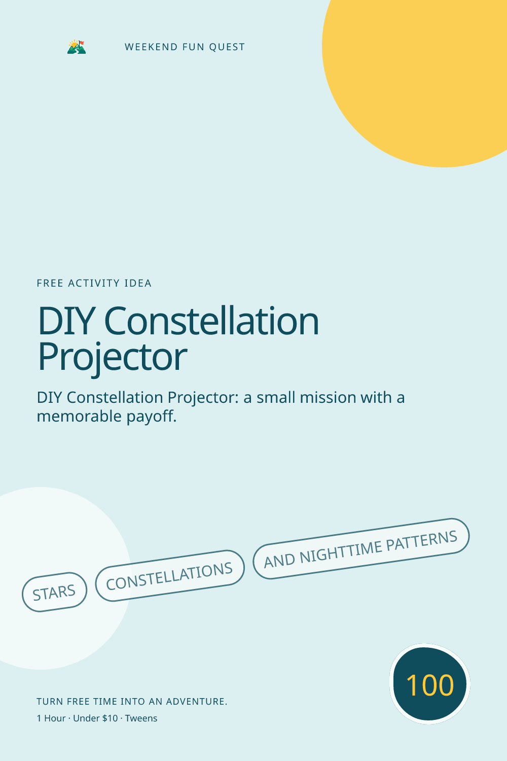 Vertical Pinterest activity illustration for diy constellation projector featuring stars, constellations, and nighttime patterns