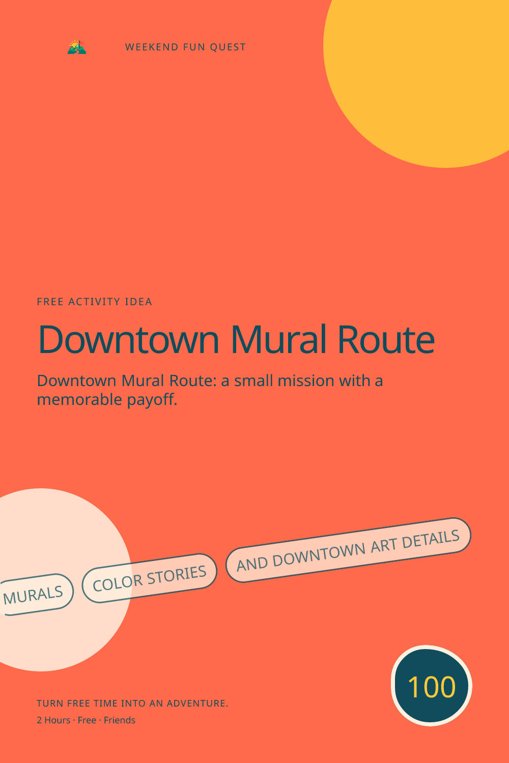 Vertical Pinterest activity illustration for downtown mural route featuring murals, color stories, and downtown art details