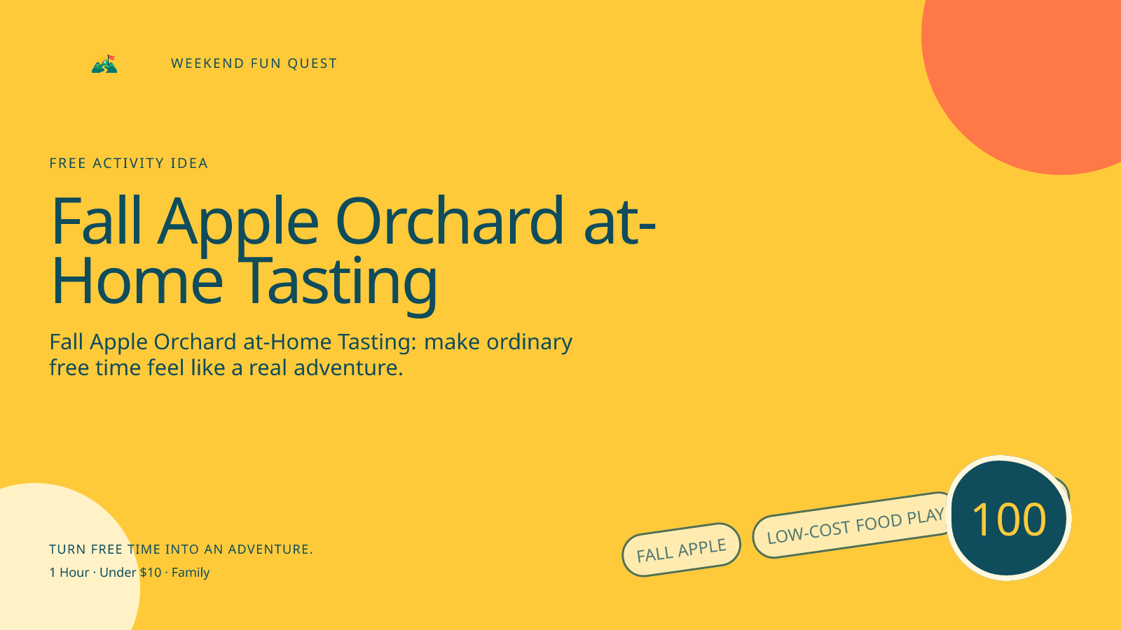 Wide Weekend Fun Quest illustration for fall apple orchard at-home tasting featuring low-cost food play, tasting, and thoughtful kitchen roles