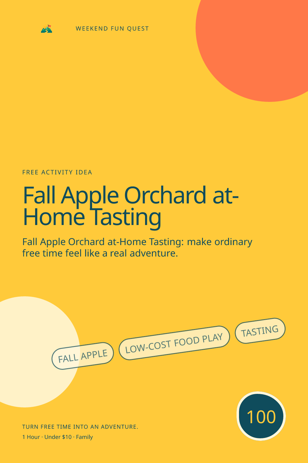 Vertical Pinterest activity illustration for fall apple orchard at-home tasting featuring low-cost food play, tasting, and thoughtful kitchen roles