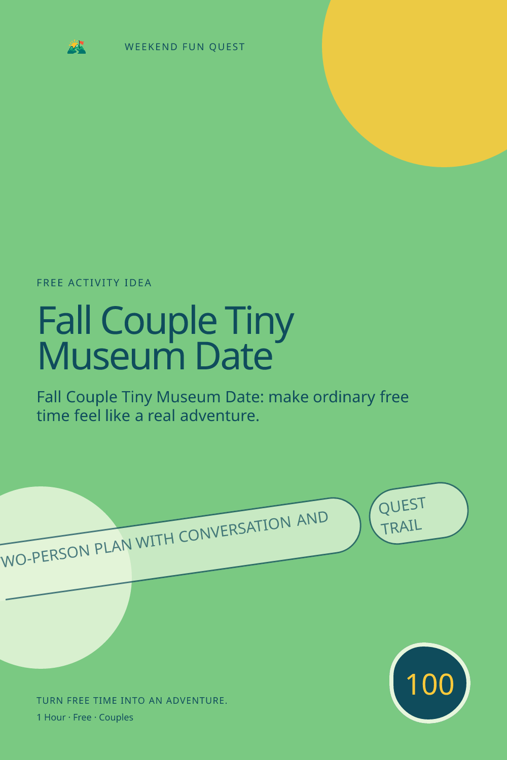 Vertical Pinterest activity illustration for fall couple tiny museum date featuring a relaxed two-person plan with conversation and discovery
