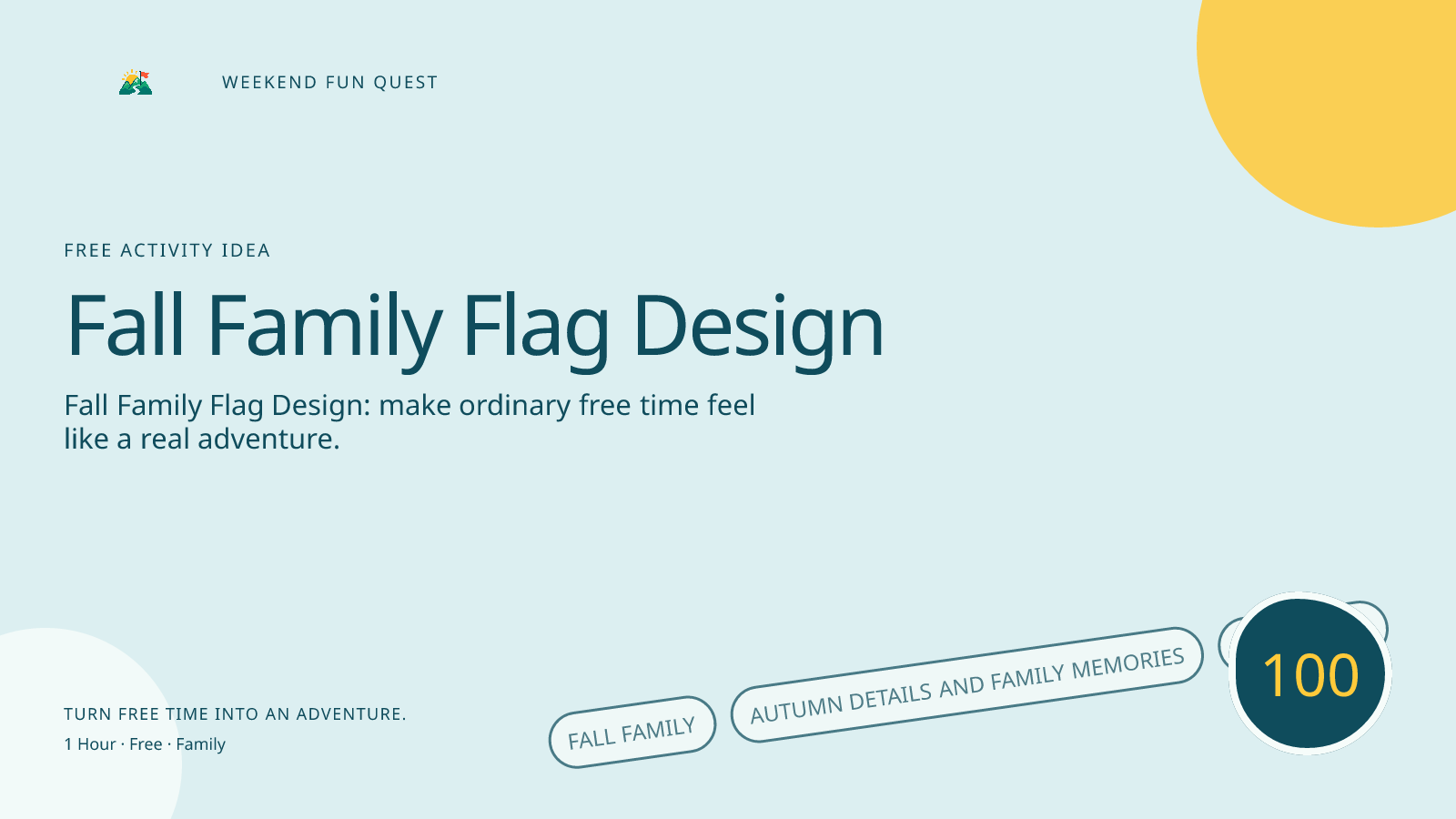 Wide Weekend Fun Quest illustration for fall family flag design featuring autumn details and family memories