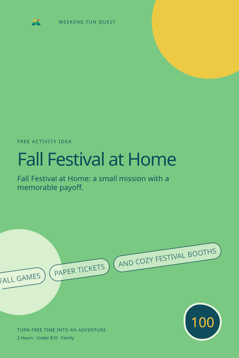 Vertical Pinterest activity illustration for fall festival at home featuring fall games, paper tickets, and cozy festival booths