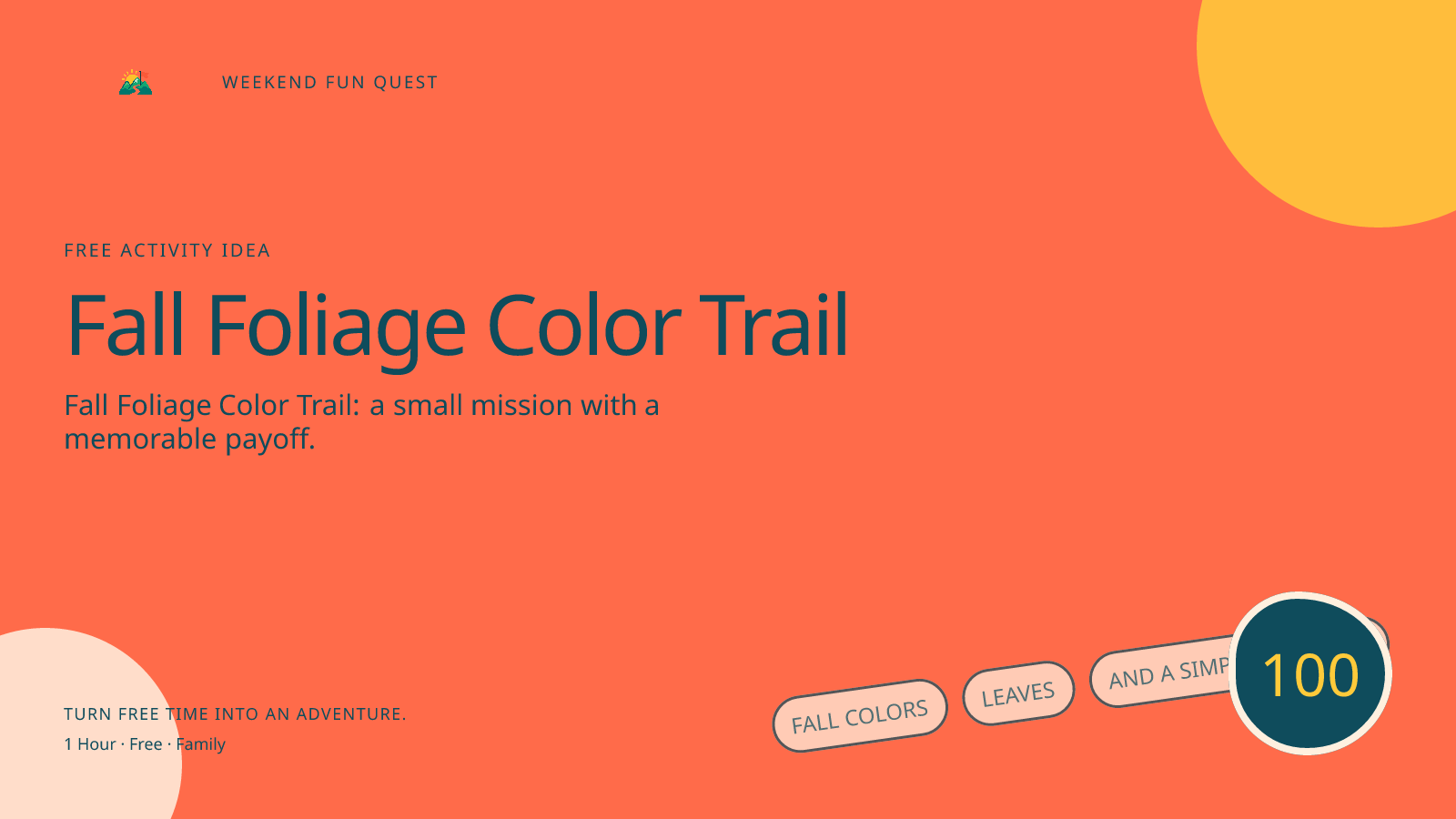 Wide Weekend Fun Quest illustration for fall foliage color trail featuring fall colors, leaves, and a simple trail map