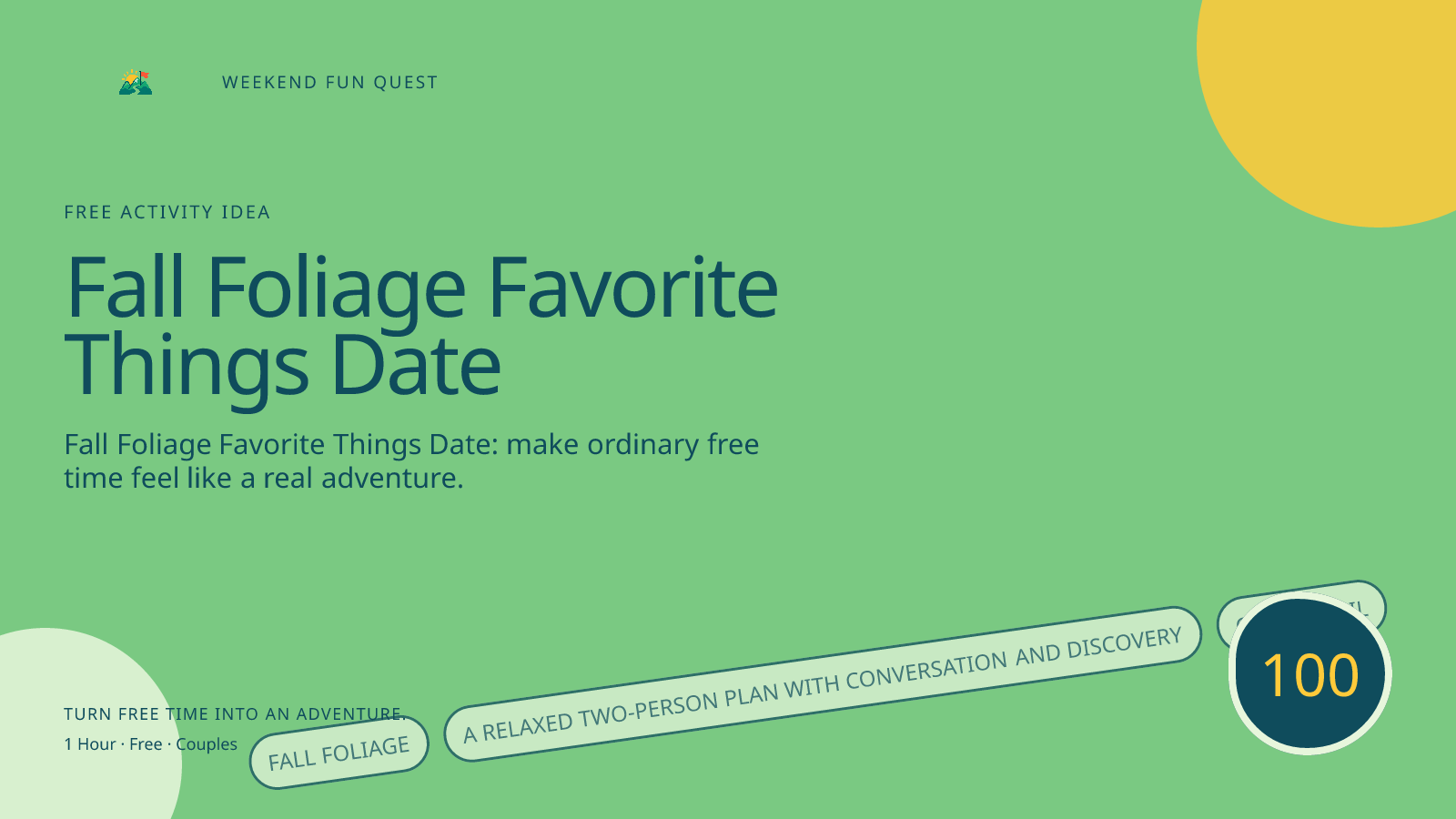 Wide Weekend Fun Quest illustration for fall foliage favorite things date featuring a relaxed two-person plan with conversation and discovery