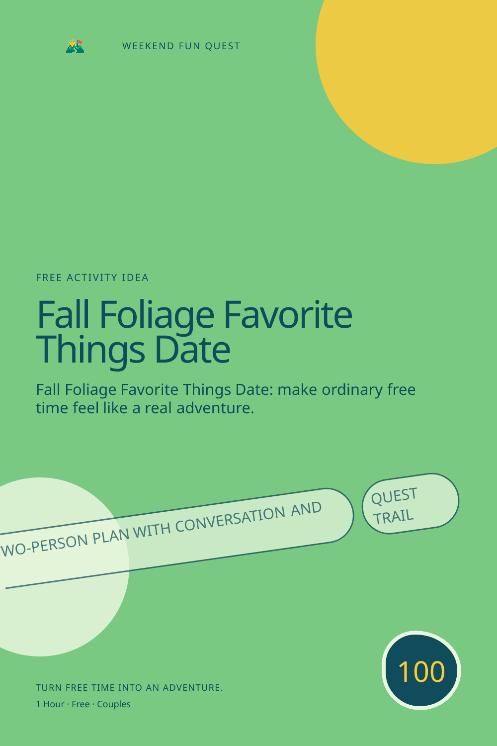 Vertical Pinterest activity illustration for fall foliage favorite things date featuring a relaxed two-person plan with conversation and discovery