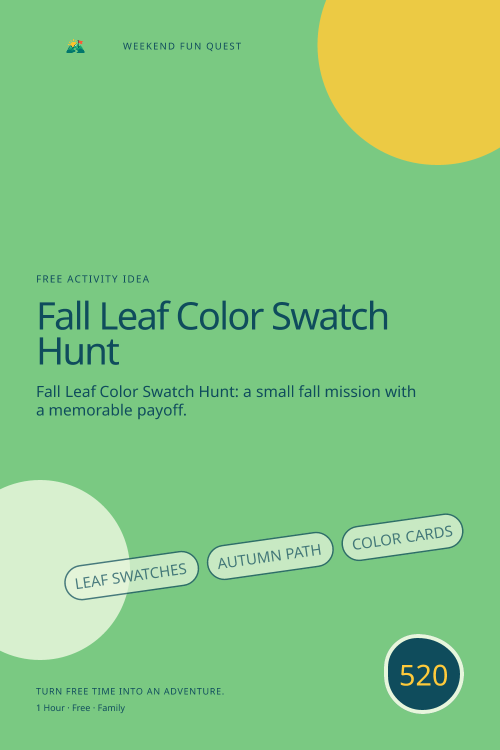 Vertical Pinterest Weekend Fun Quest illustration for fall leaf color swatch hunt featuring leaf swatches, autumn path, color cards